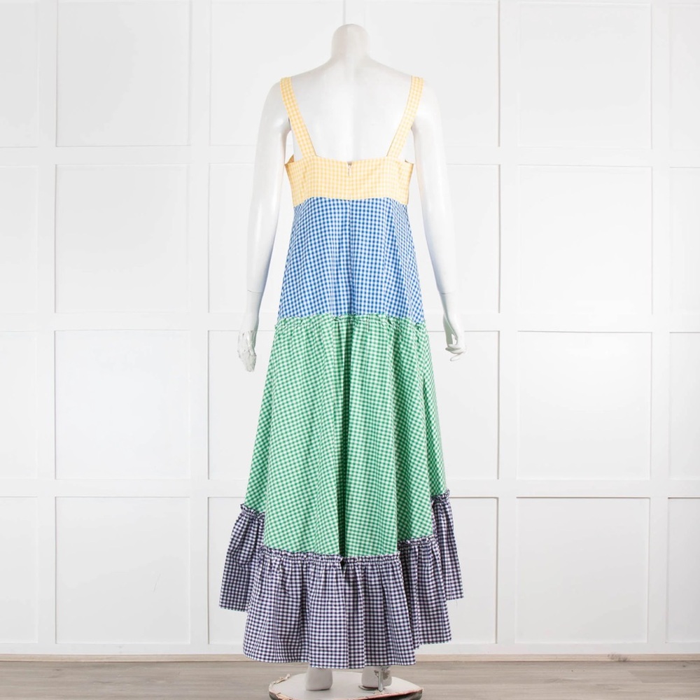 MDS Stripes Yellow Blue Green Gingham Tiered Maxi Dress 4 - Picture 5 of 16
